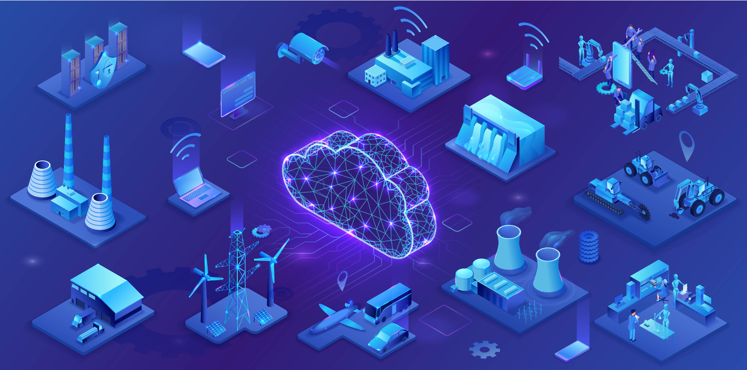Brain-shaped cloud sending signals to energy plants.