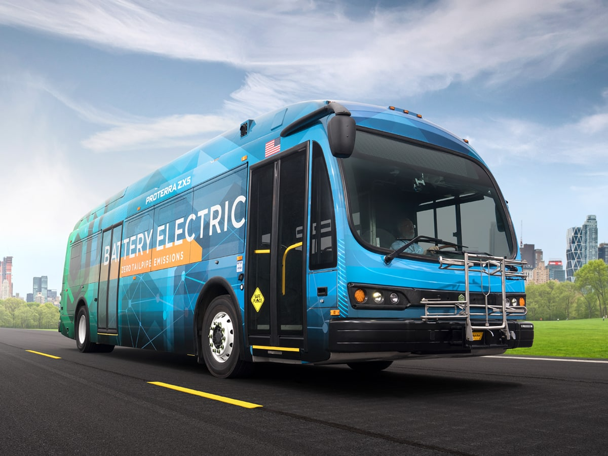 Proterra ZX5 battery electric bus on road.