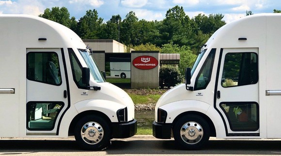 The front of two Workhorse electric vehicles are seen in front of a Workhorse sign