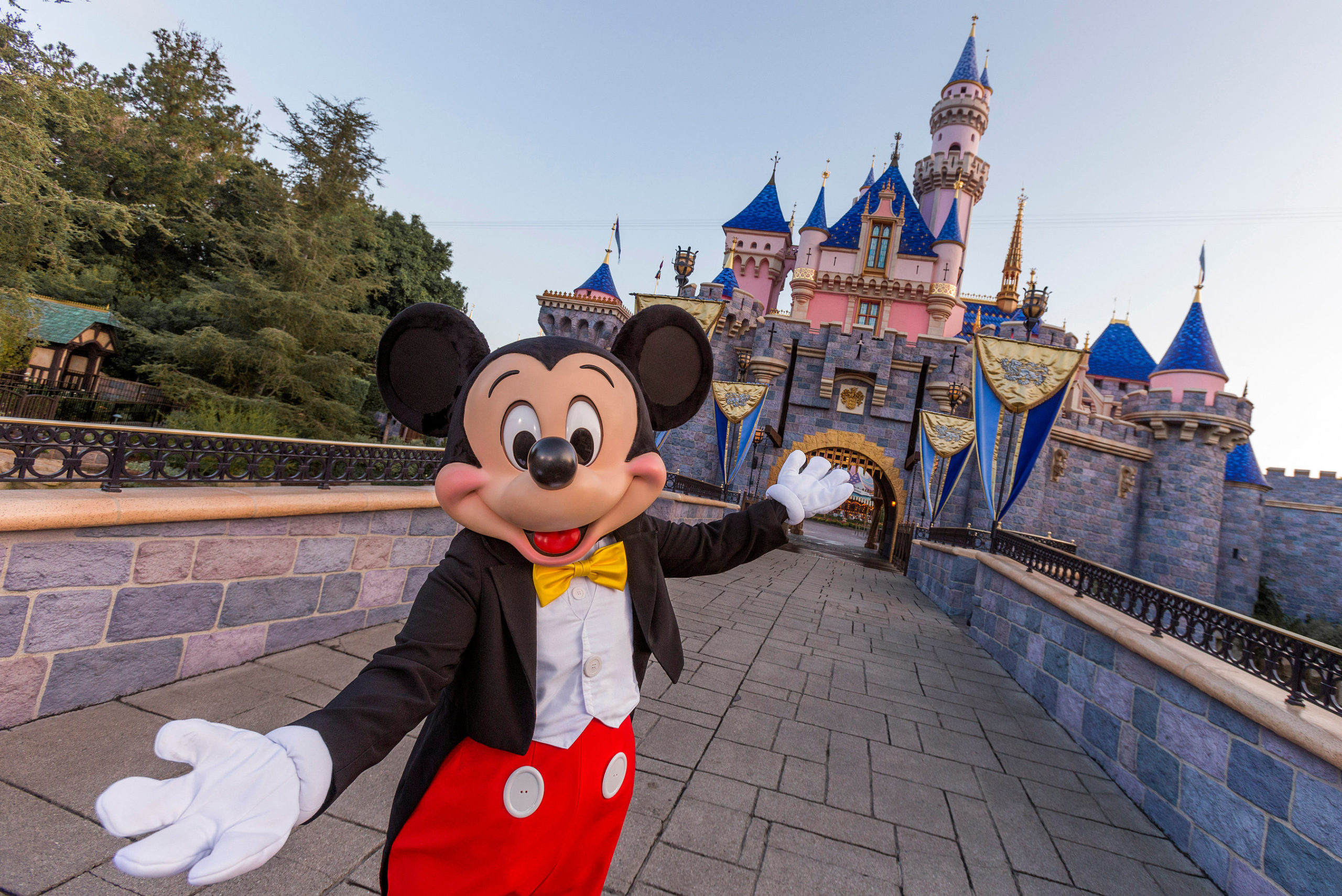 Mickey Mouse stands in front of the castle at Disneyland.