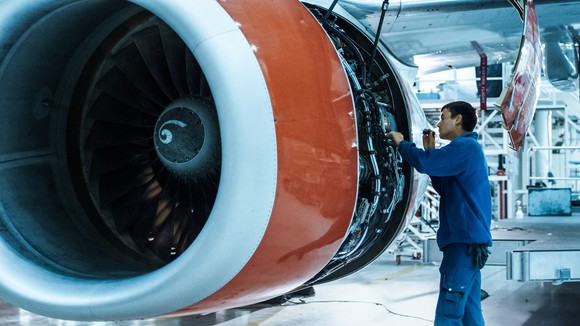 Aircraft engine being serviced.