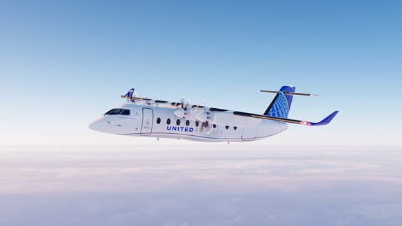 A rendering of a Heart ES-19 electric aircraft in the United Express livery.