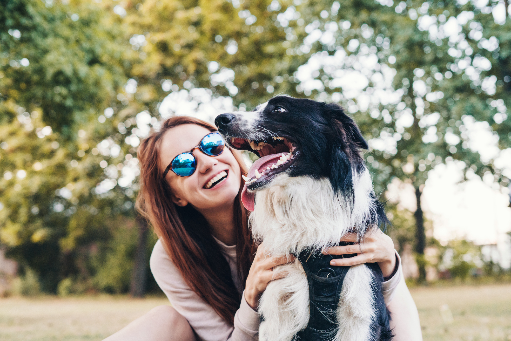 A happy woman in sunglasses with her dog outside. 