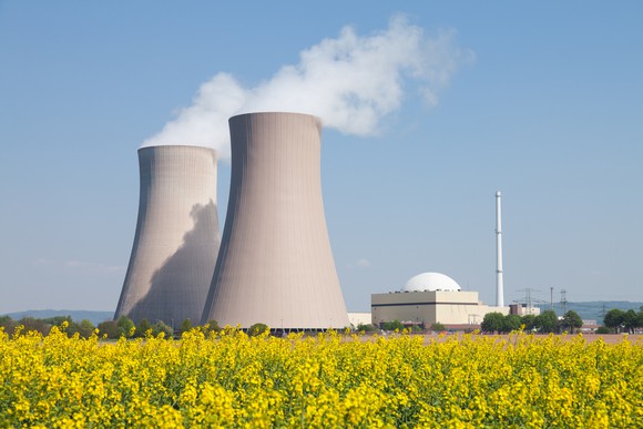 Nuclear power plants on a field.