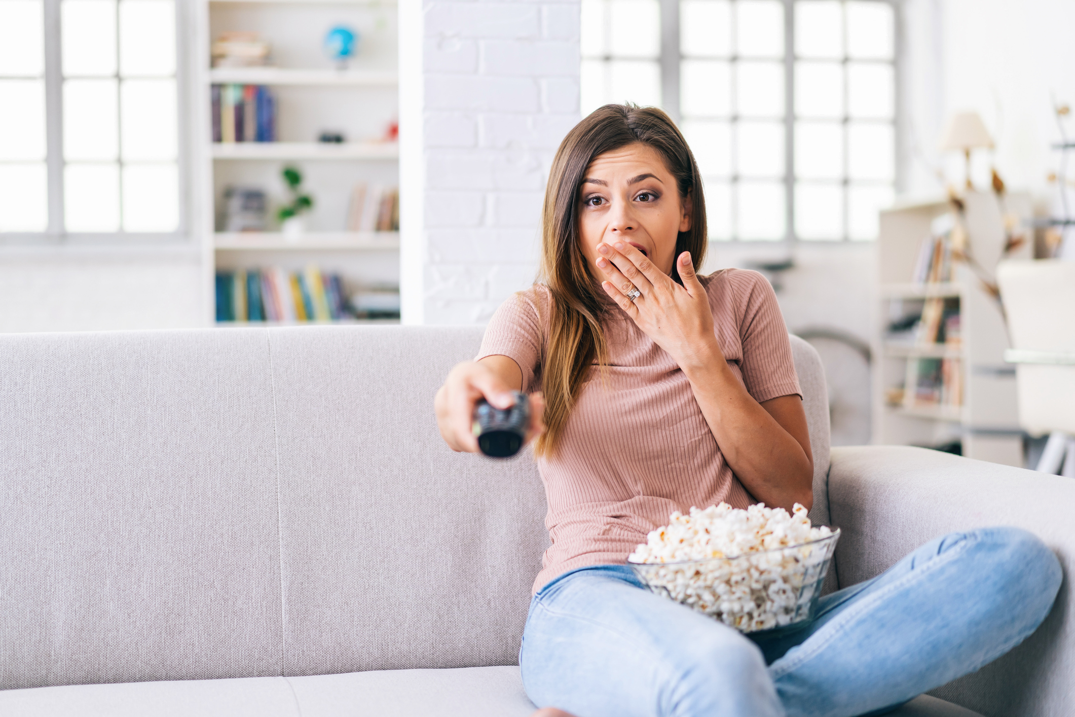 Startled person watching tv.
