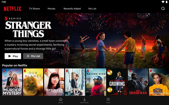 The Netflix app displaying various titles.