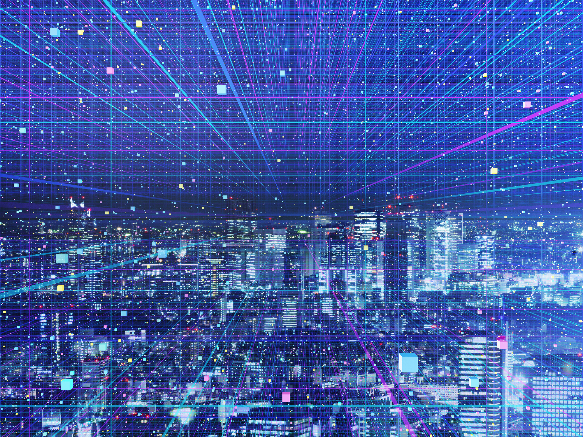 A cityscape at night, covered in digital color streaks.