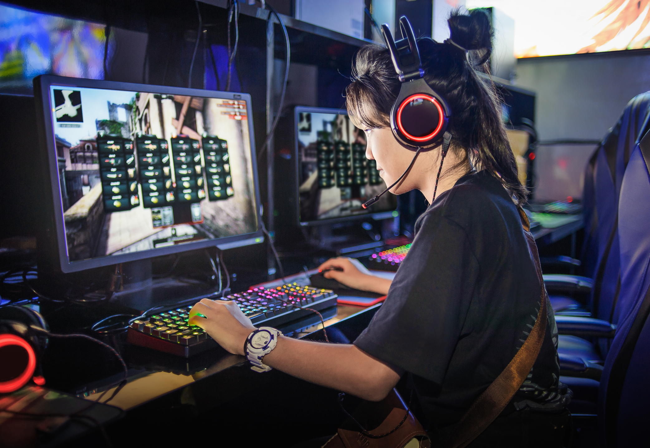 Young woman playing online game