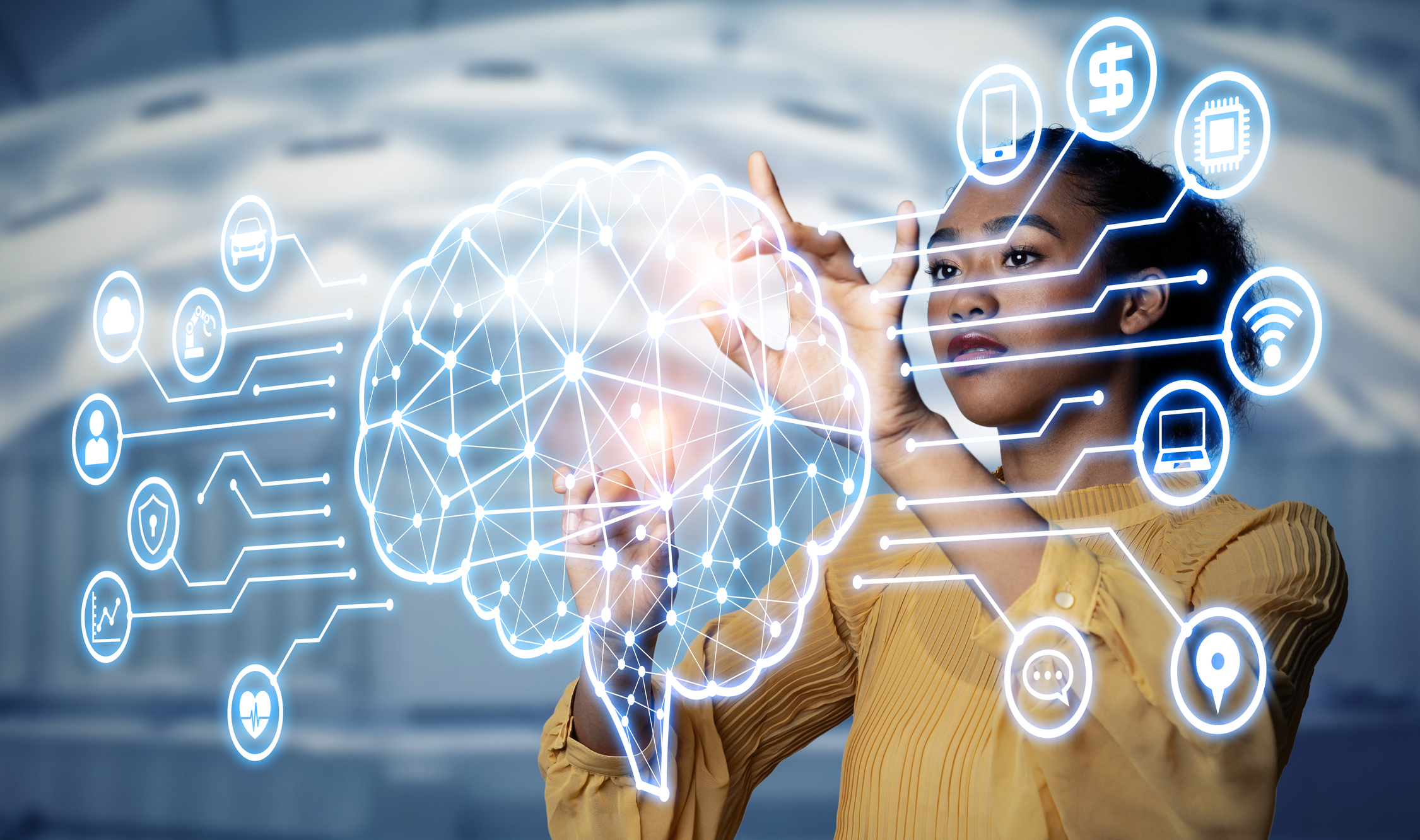 Woman interacting with a digital cortex, symbolizing artificial intelligence.