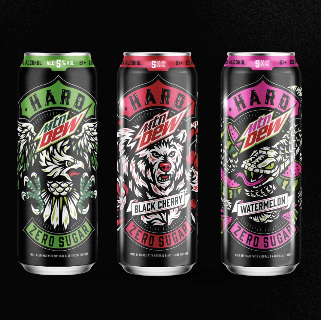 Three cans of Hard Mtn Dew. 