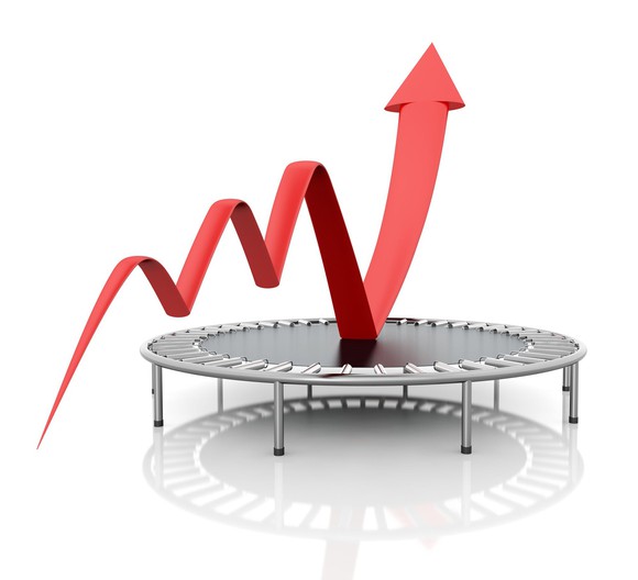 A stock chart bouncing up from a trampoline.