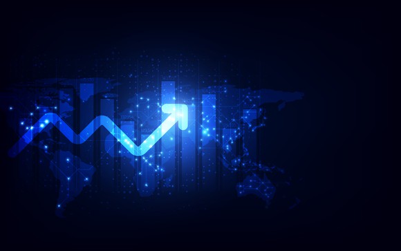 A bar chart and a line with an arrow moving up.