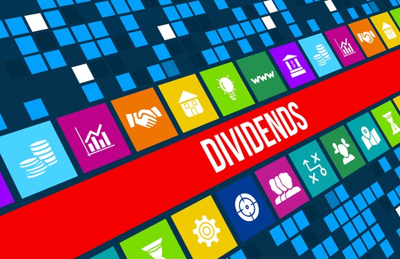 The word "dividends" spread across computer icons.