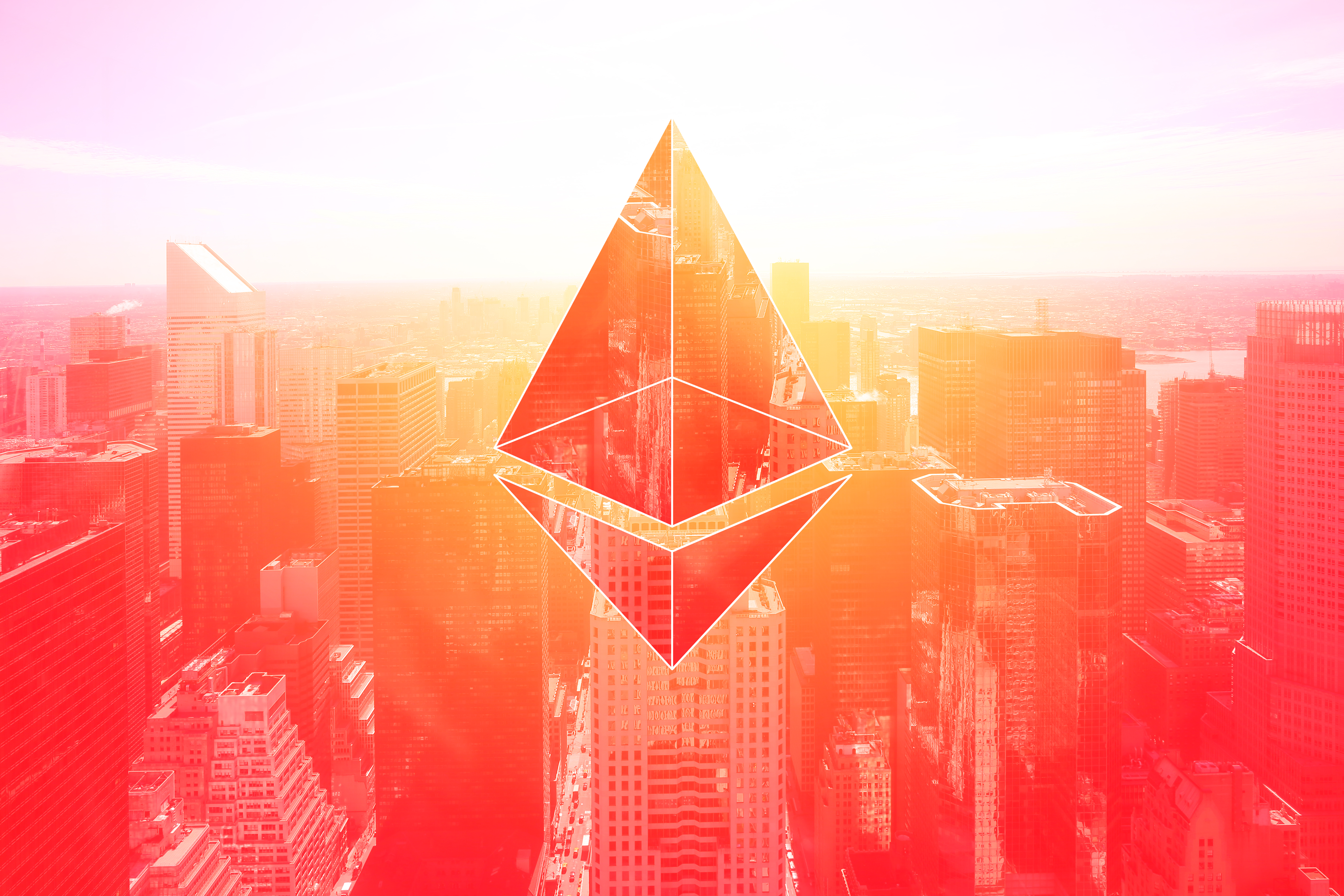 A logo of Ethereum overlooking a cityscape. 