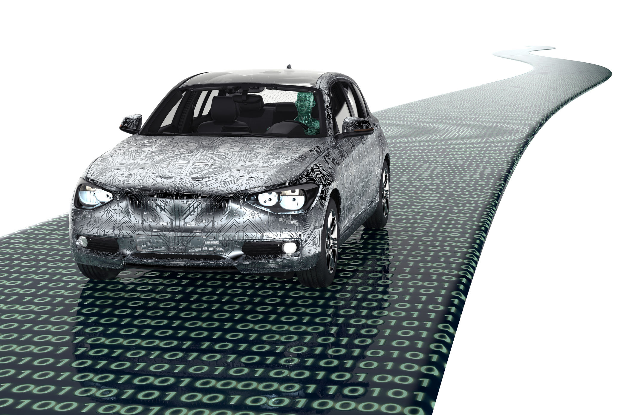 Rendering of a car driving on a digital road.