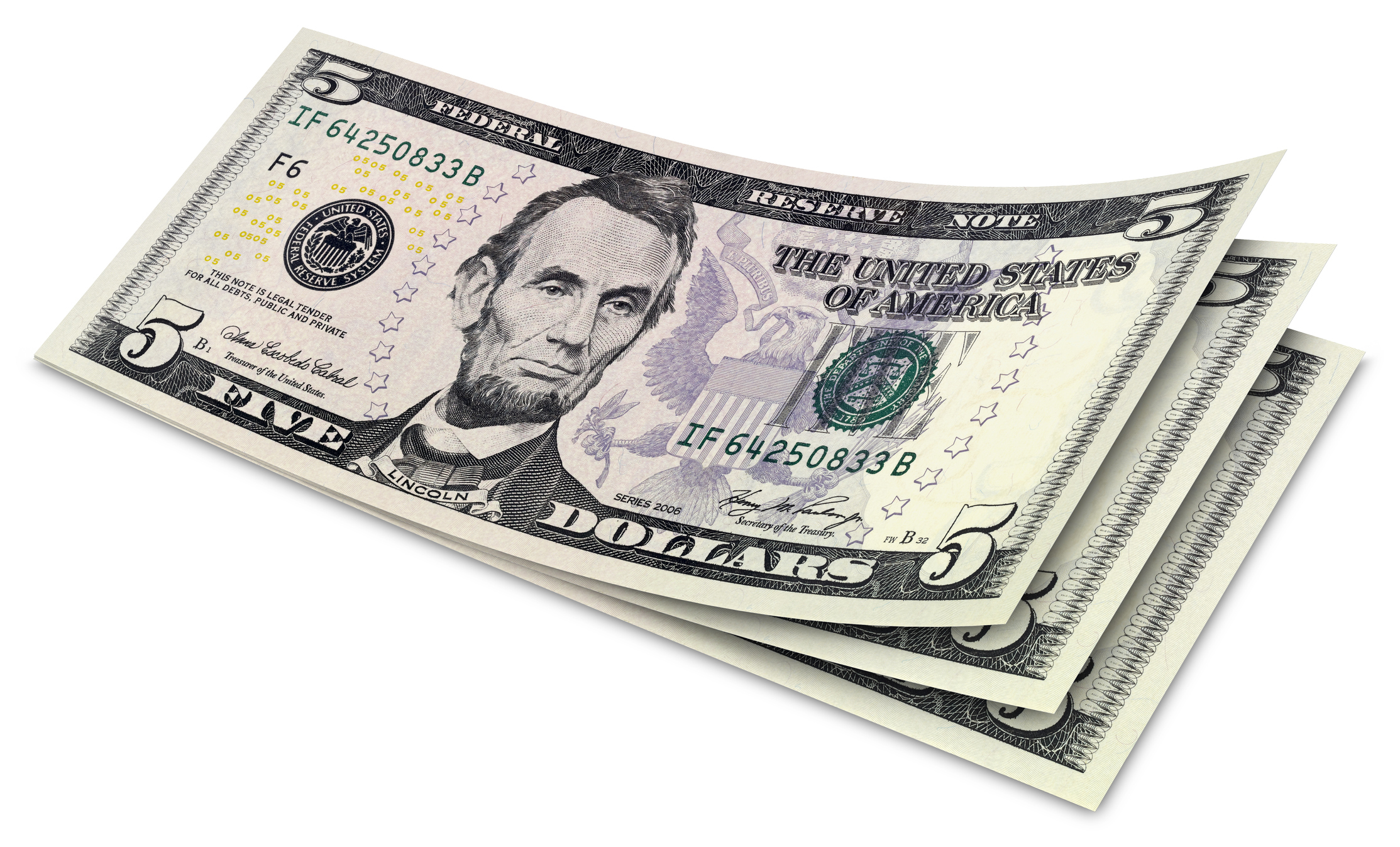 A bundle of five-dollar bills.