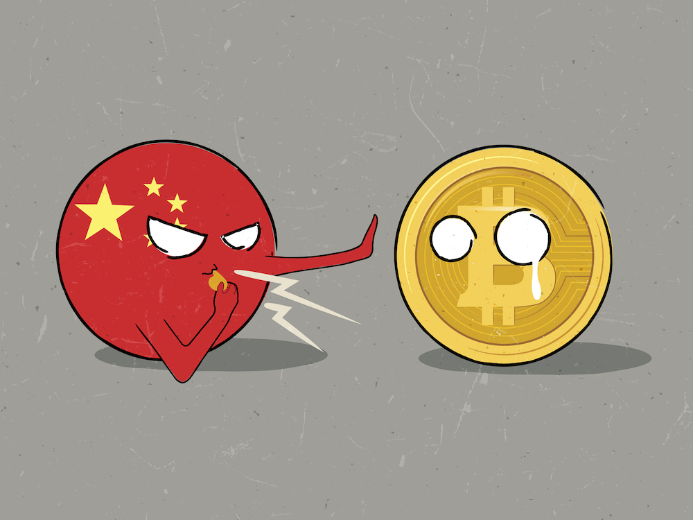 A cartoon version of China blows a whistle, blocking a sad cartoon of Bitcoin from going any further.