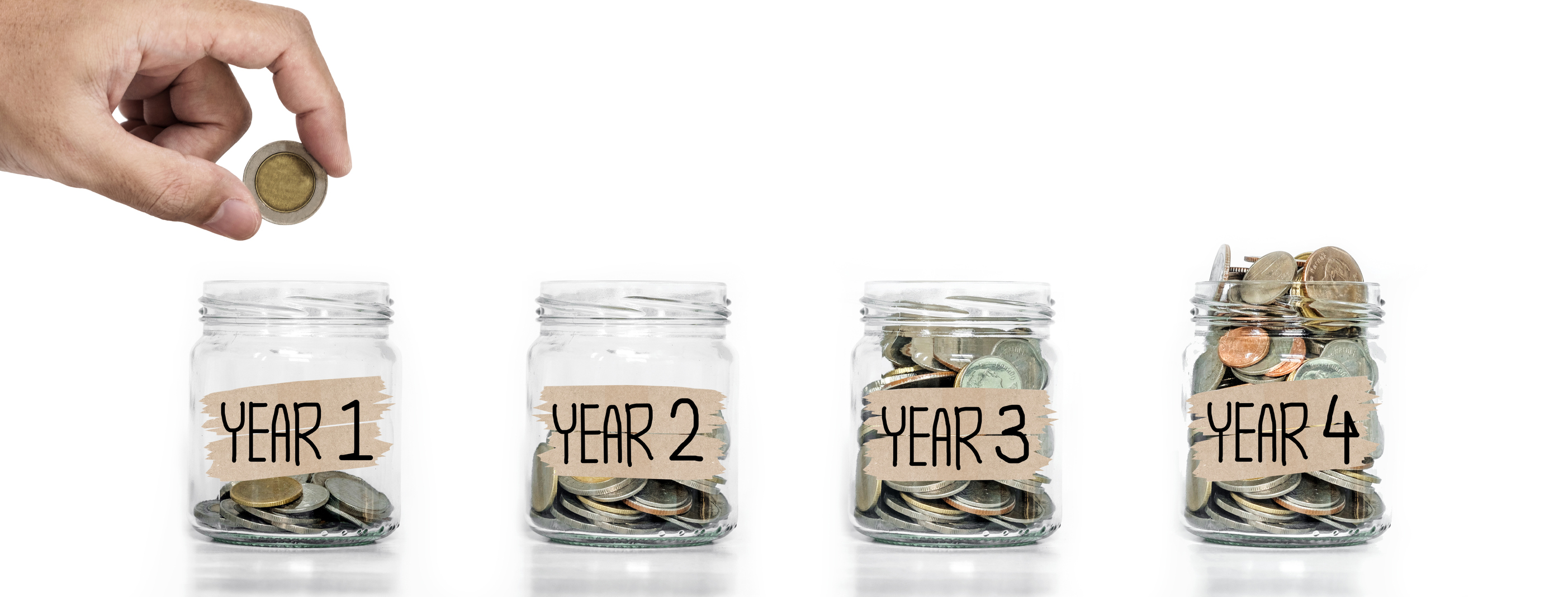 Series of jars with rising amounts of money in them.