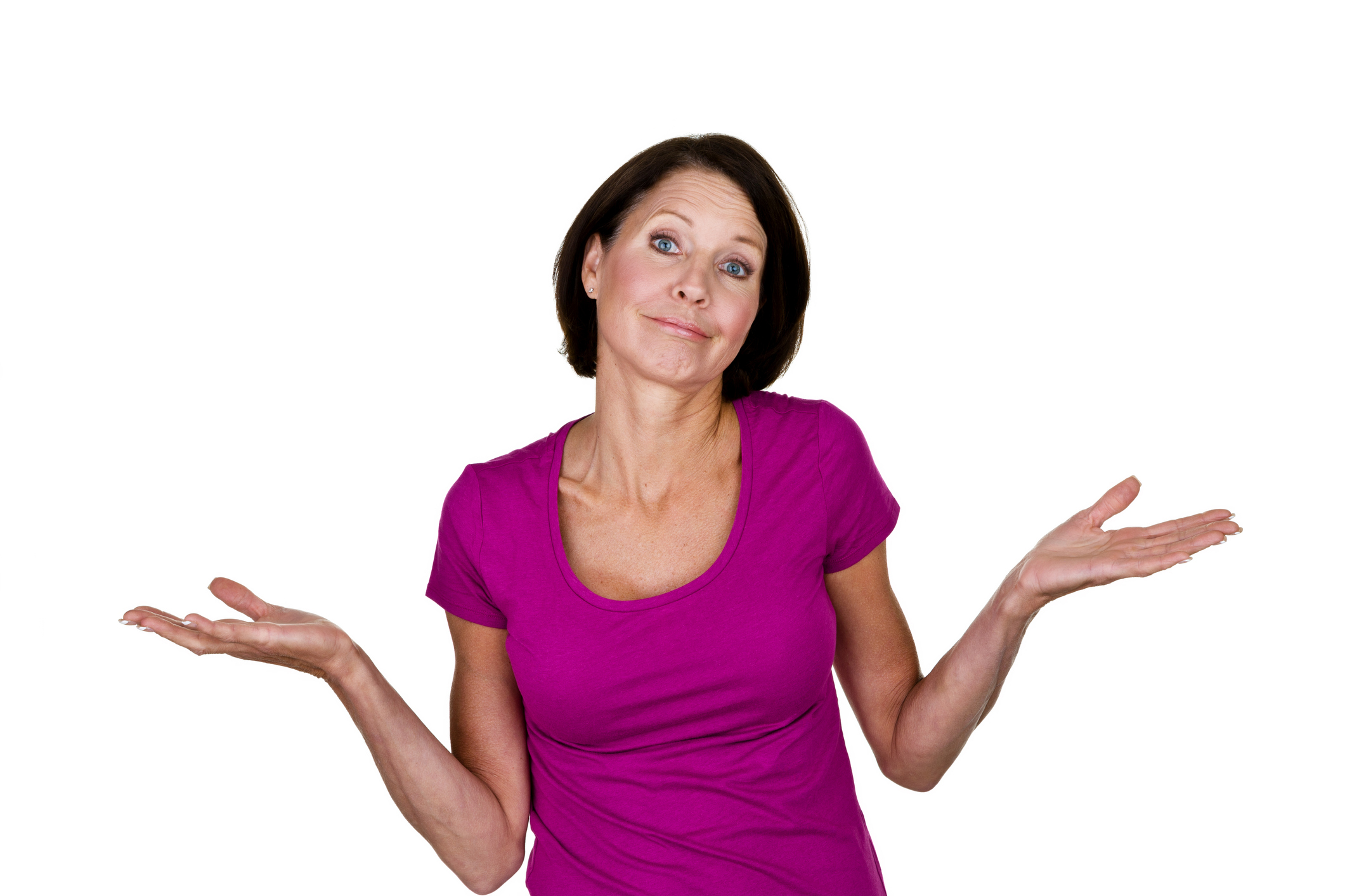 A person in a purple dress shrugs with a smirk on their face.
