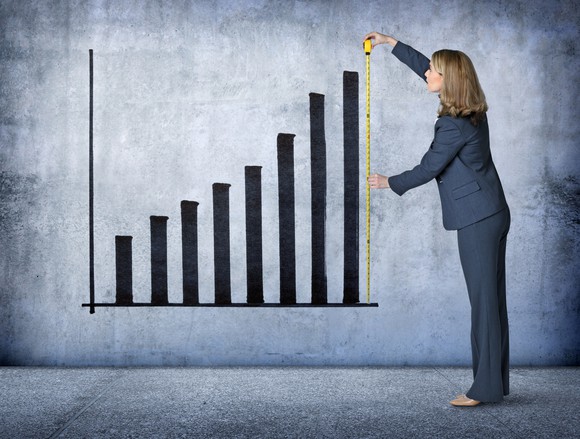 A person measuring a chart showing growth.