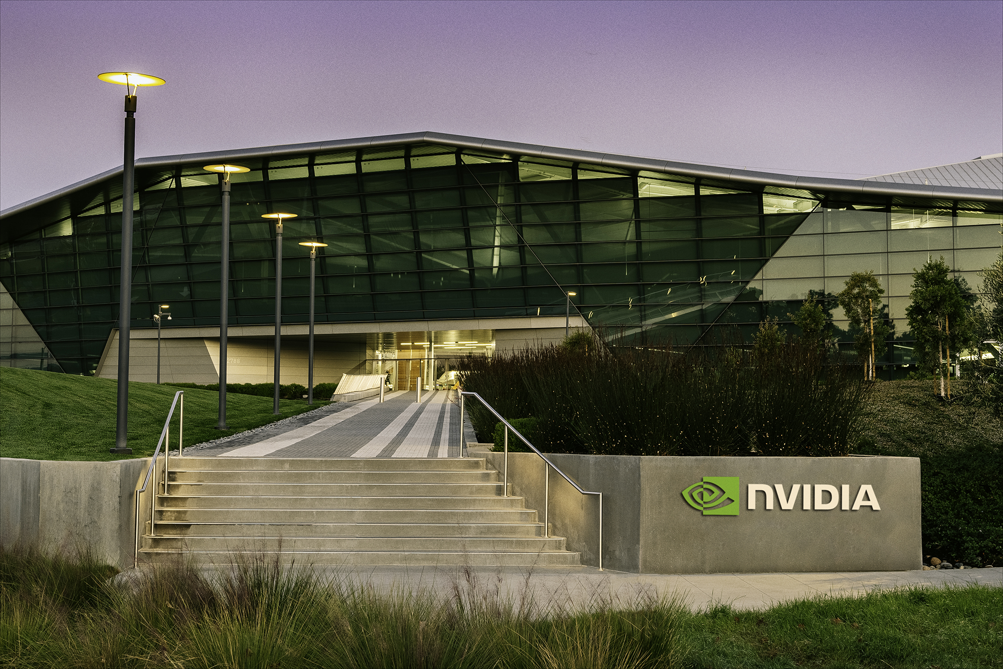 NVIDIA corporate headquarters at dusk.