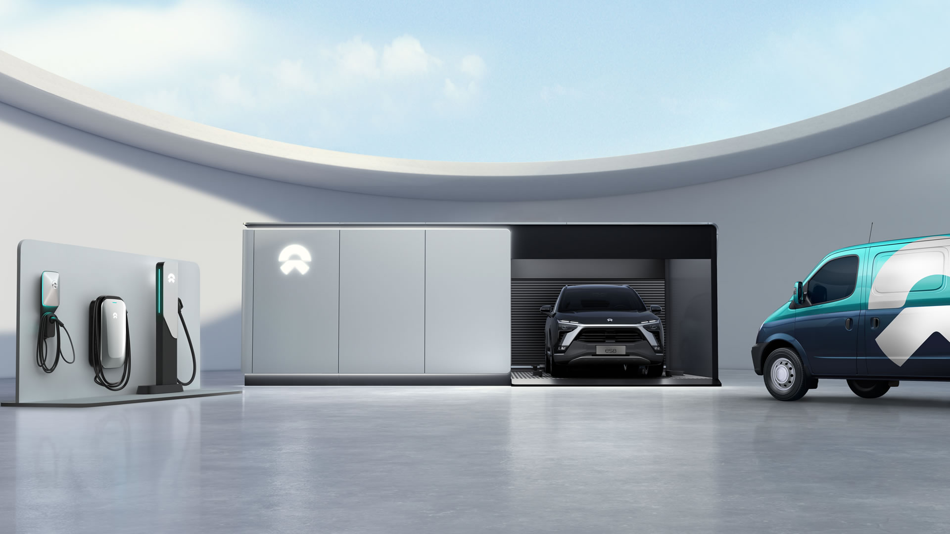 Nio battery chargers and vehicle in battery swap station. 