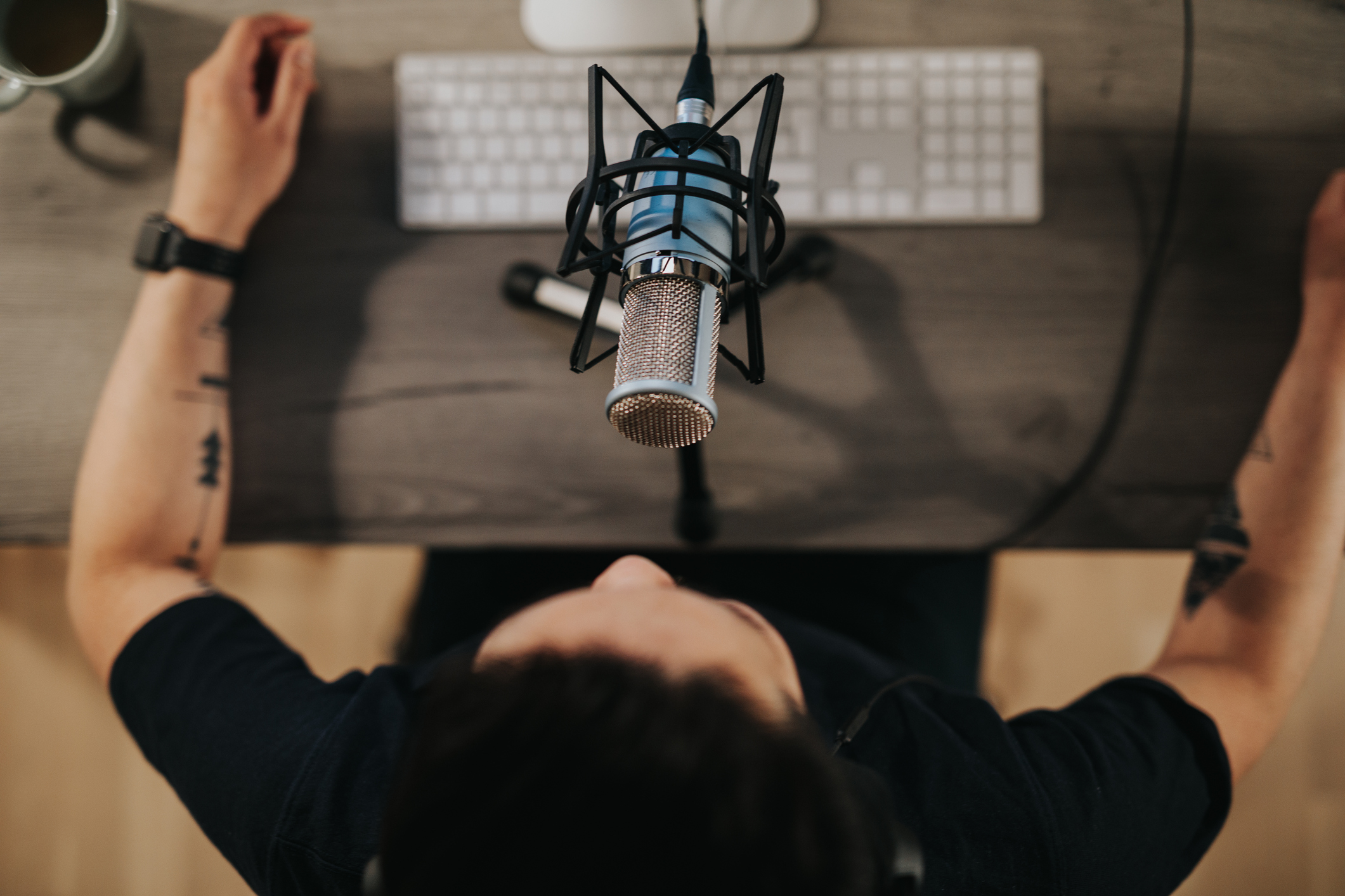 Person recording podcast on computer.