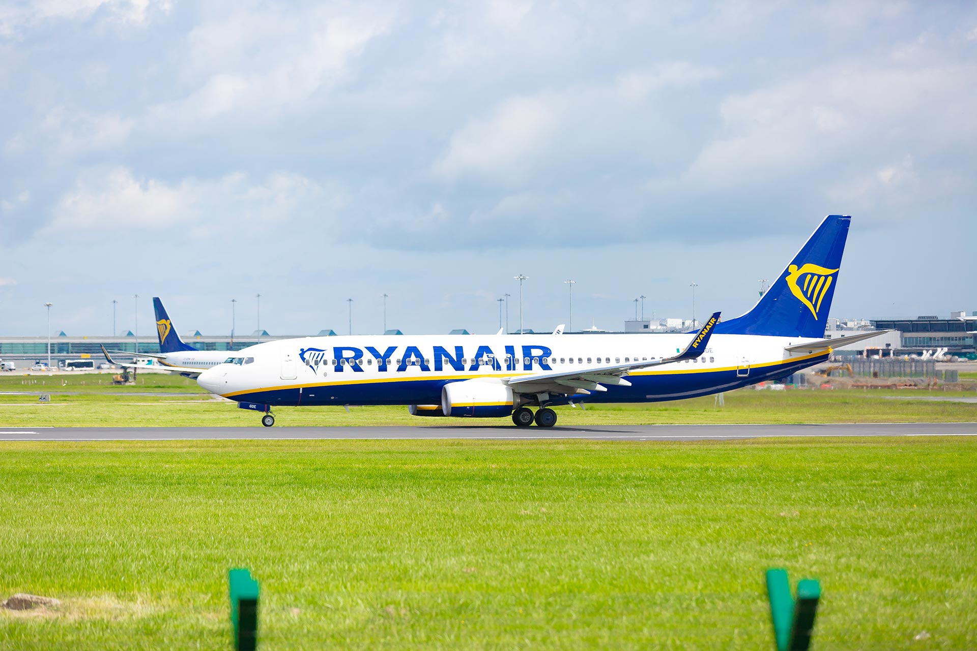 A Ryanair Boeing 737 on the ground.