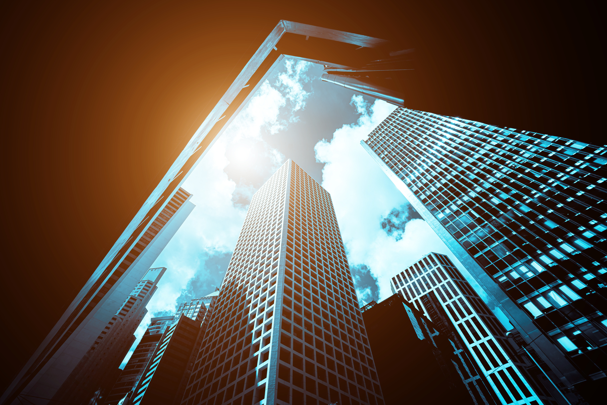 A closeup of tall office buildings.