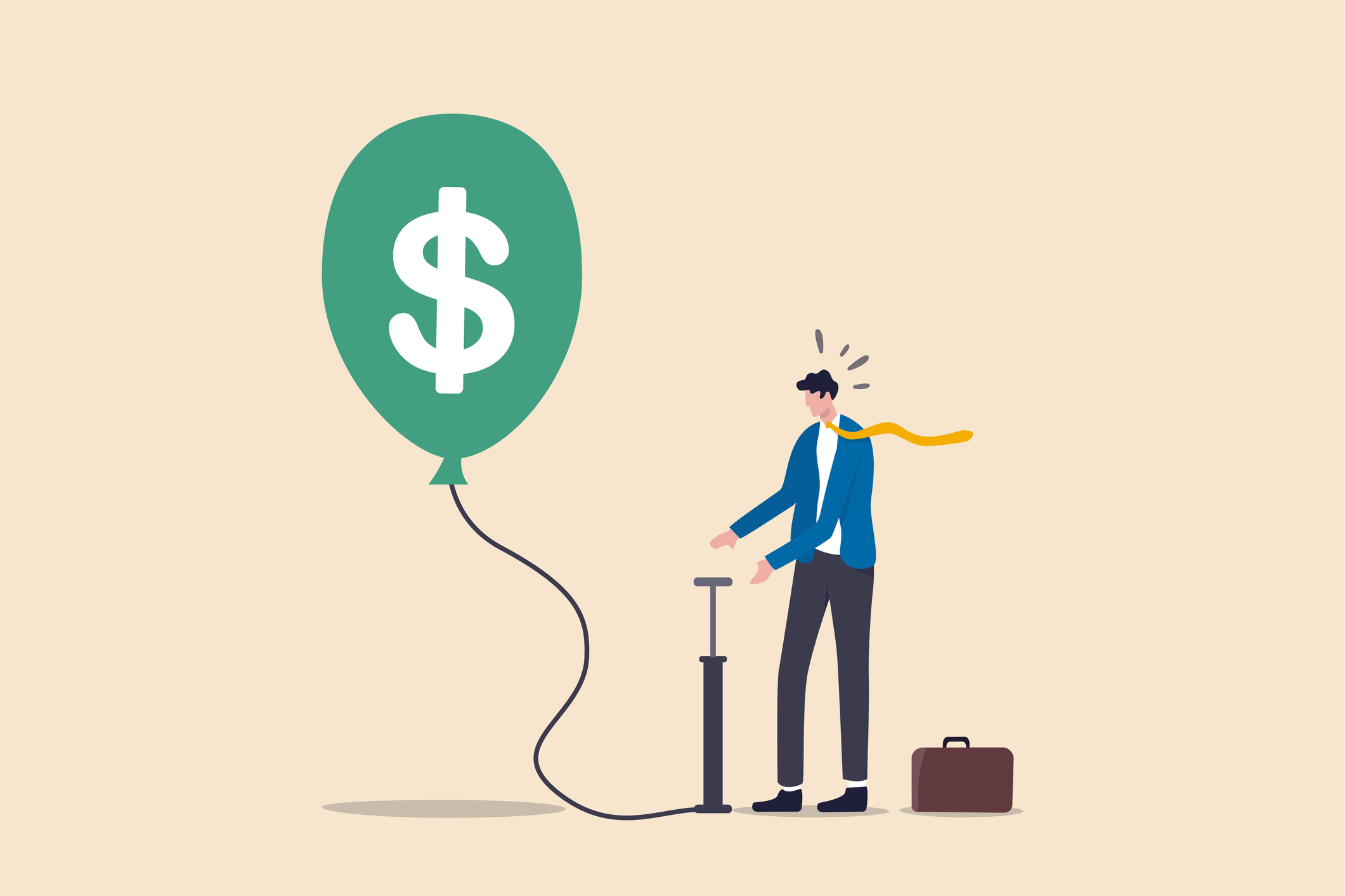 Cartoon picture of person pumping a balloon with $ sign on it.