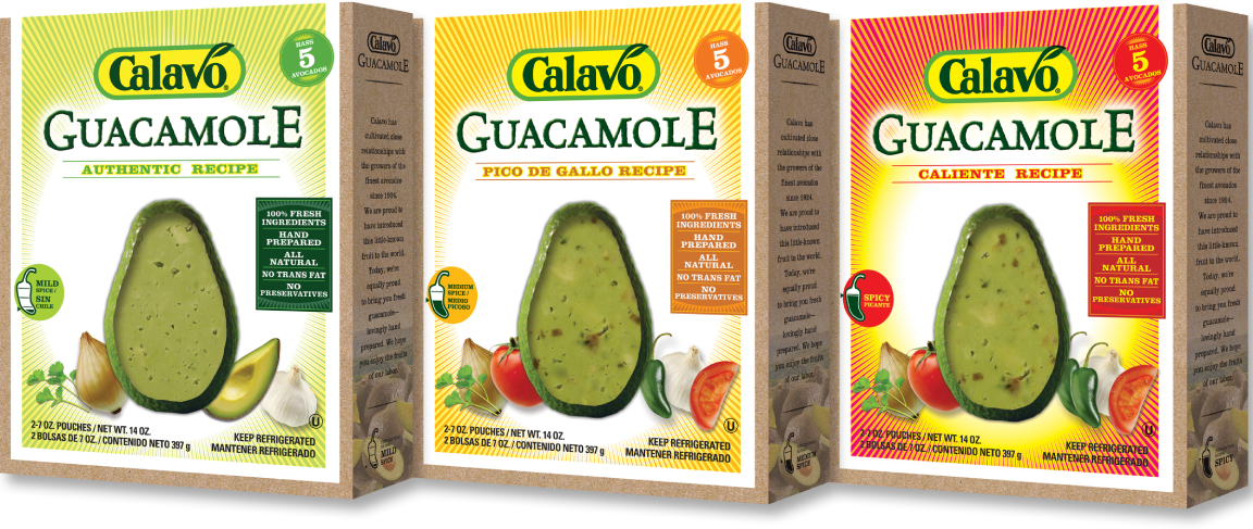 Three boxes of Calavo Growers guacamole are sown in a product image, each representing a different flavor of prepared guacamole.
