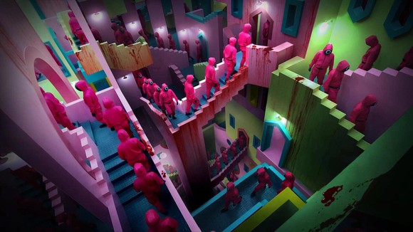 Masked Squid Game workers navigating the colorful stairways of the gaming hall. 