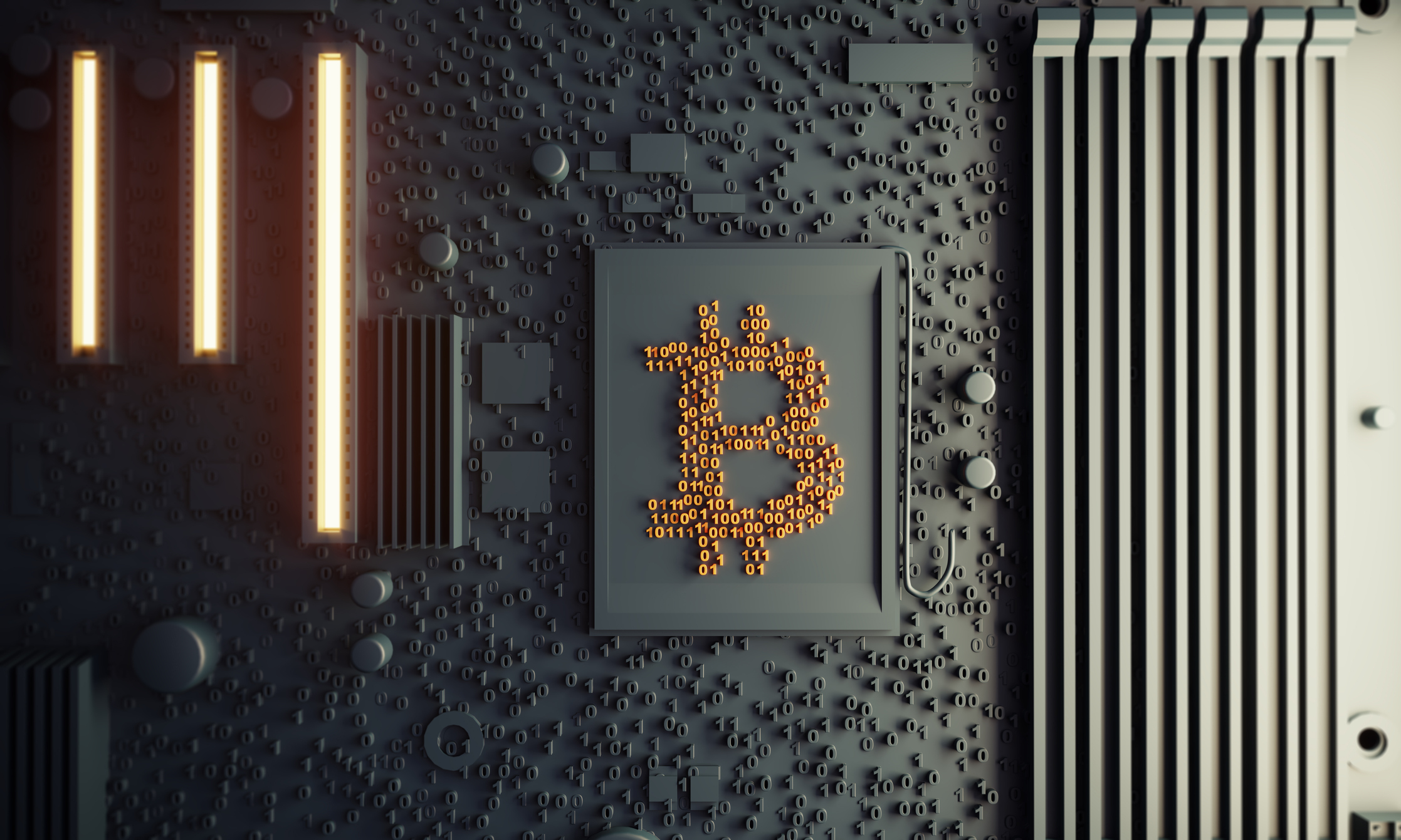 Bitcoin visual on a computer chip.
