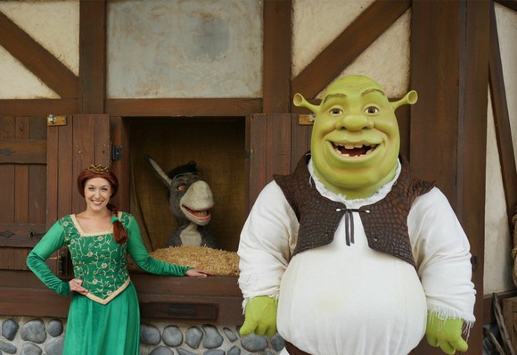 Shrek, Fiona, and Donkey posing at Universal Studios Florida.