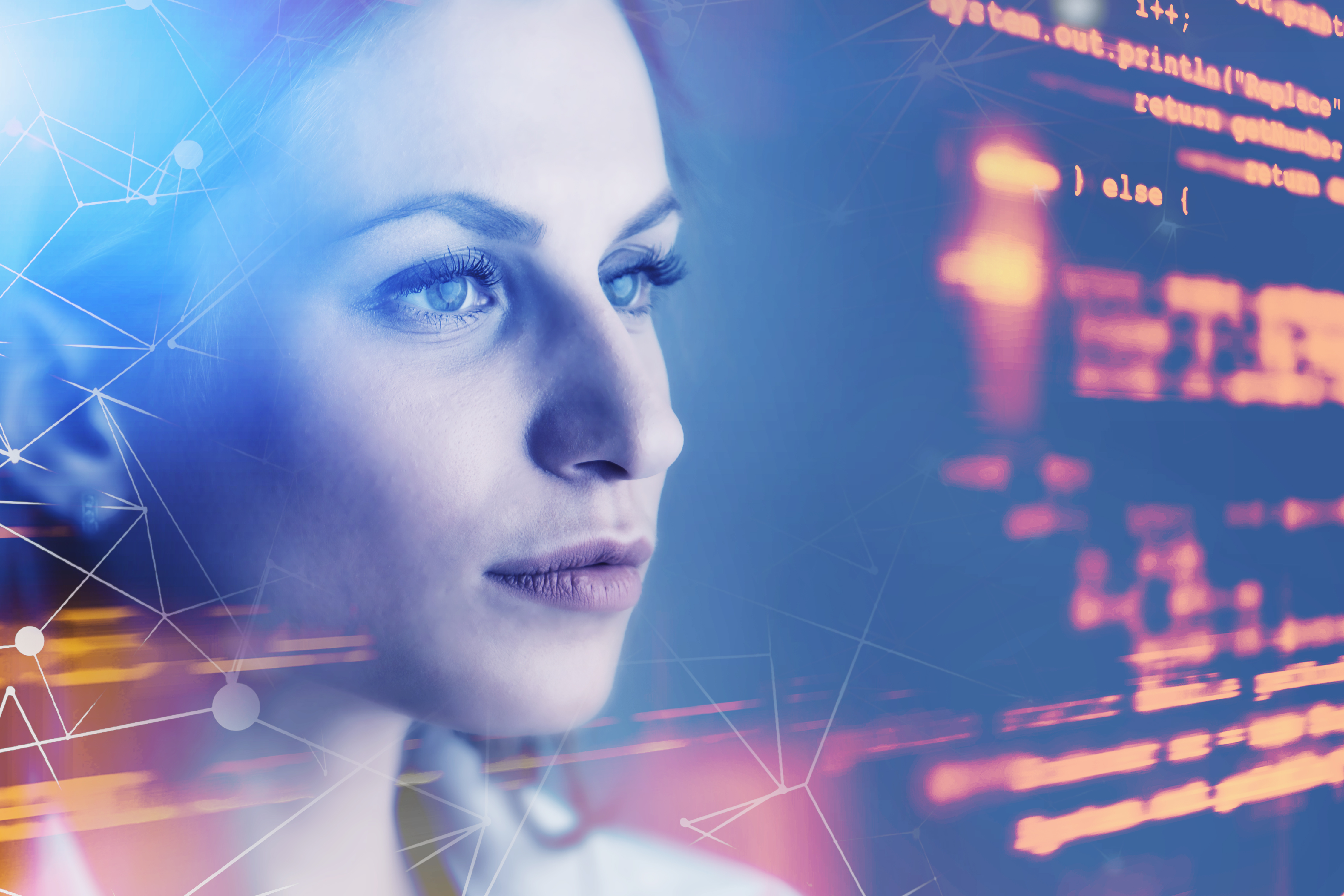 A close-up photo of a computer programmer's face, with digital code around their face.