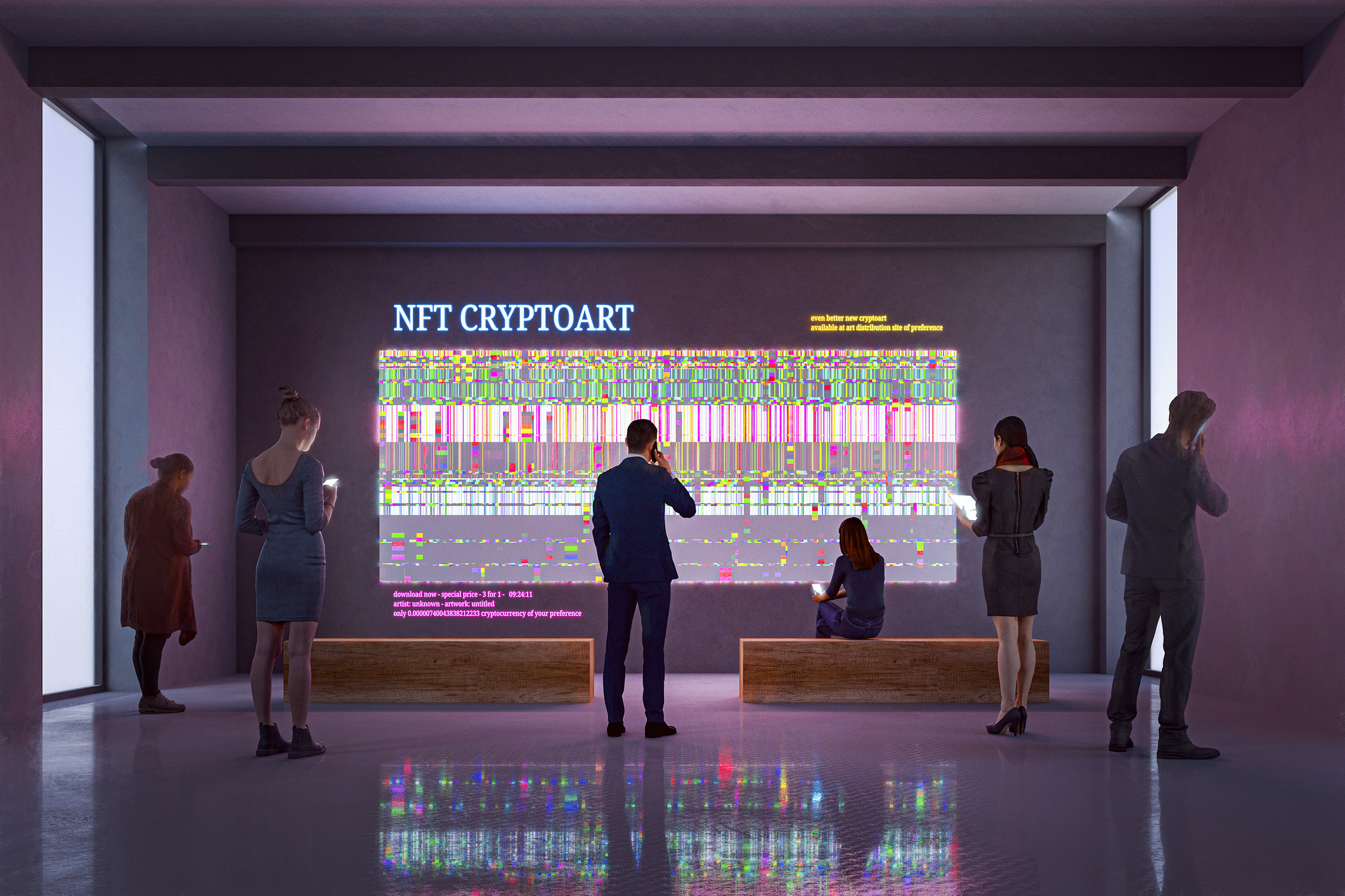 A digital image on the wall of a museum with visitors looking on.