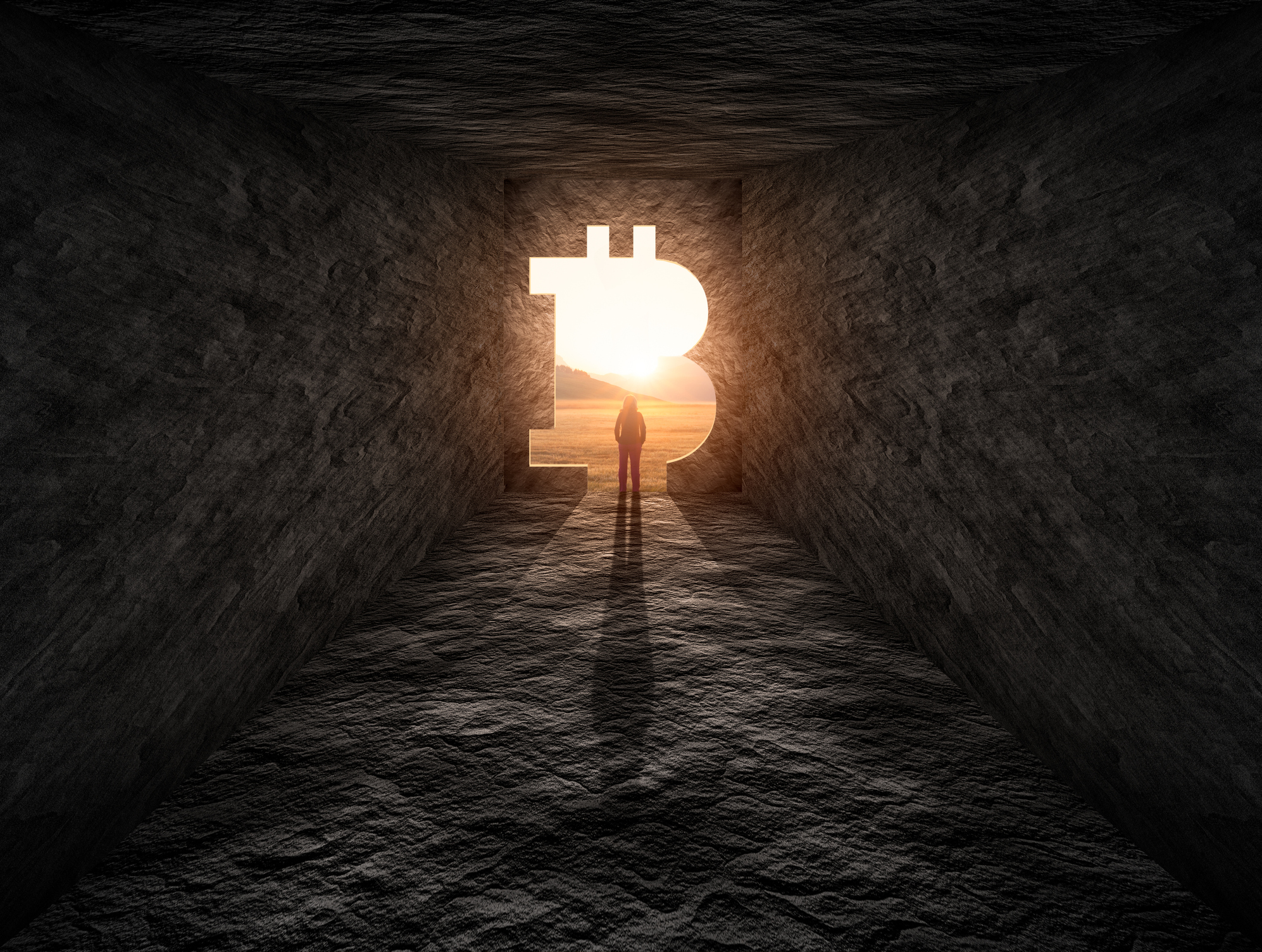A person is looking at the opening of a cave that's shaped like a Bitcoin symbol.