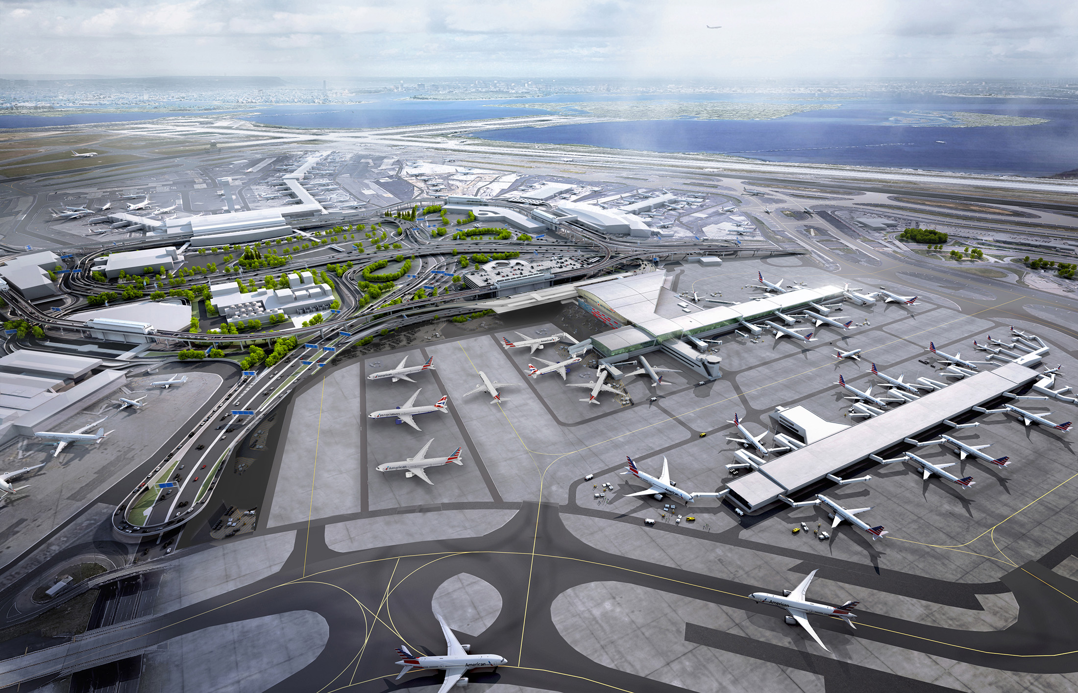 An overhead view of jets at an airport terminal.
