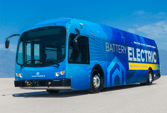 blue Proterra battery electric bus.