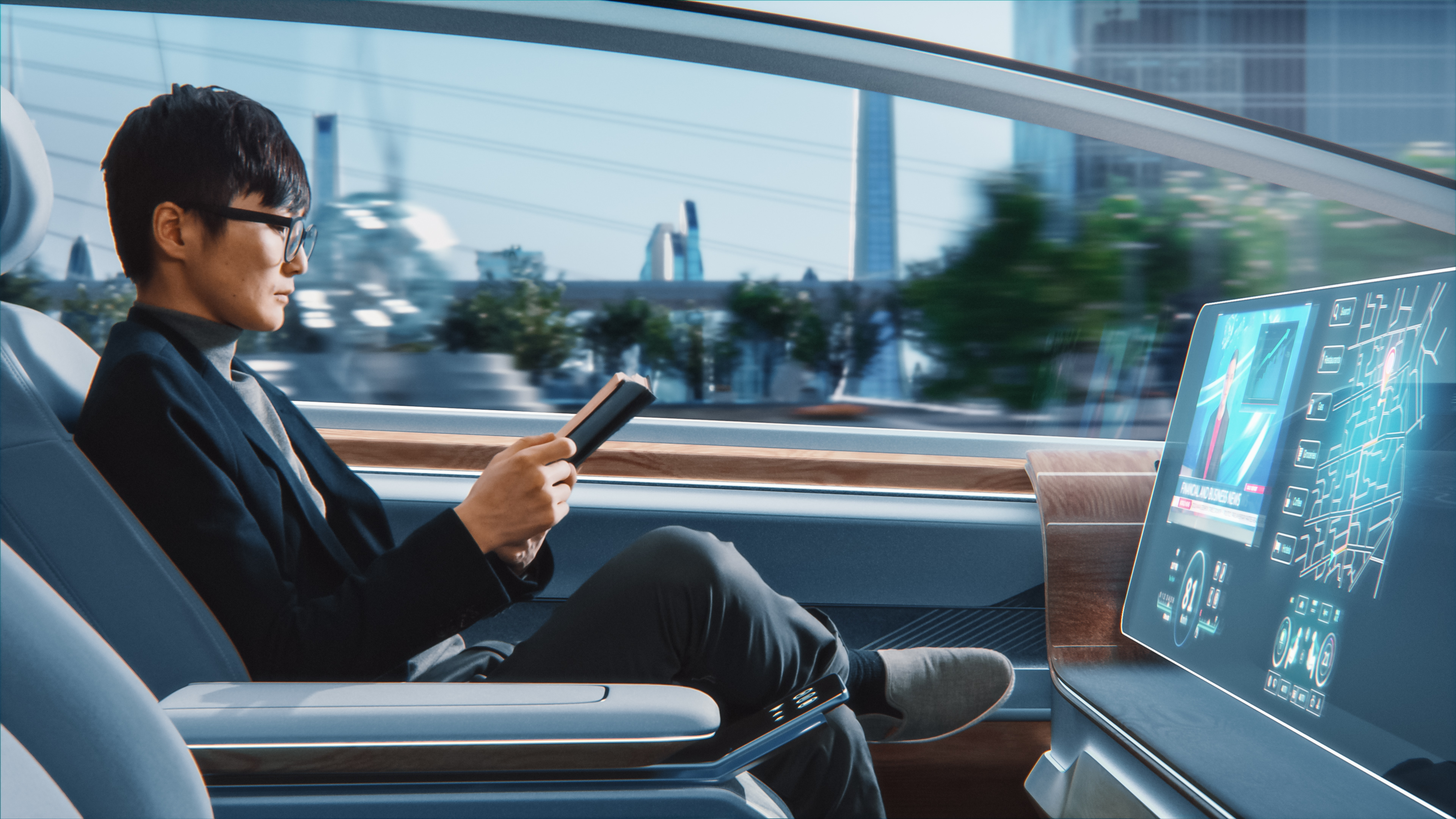 passenger in autonomous vehicle casually reading a book