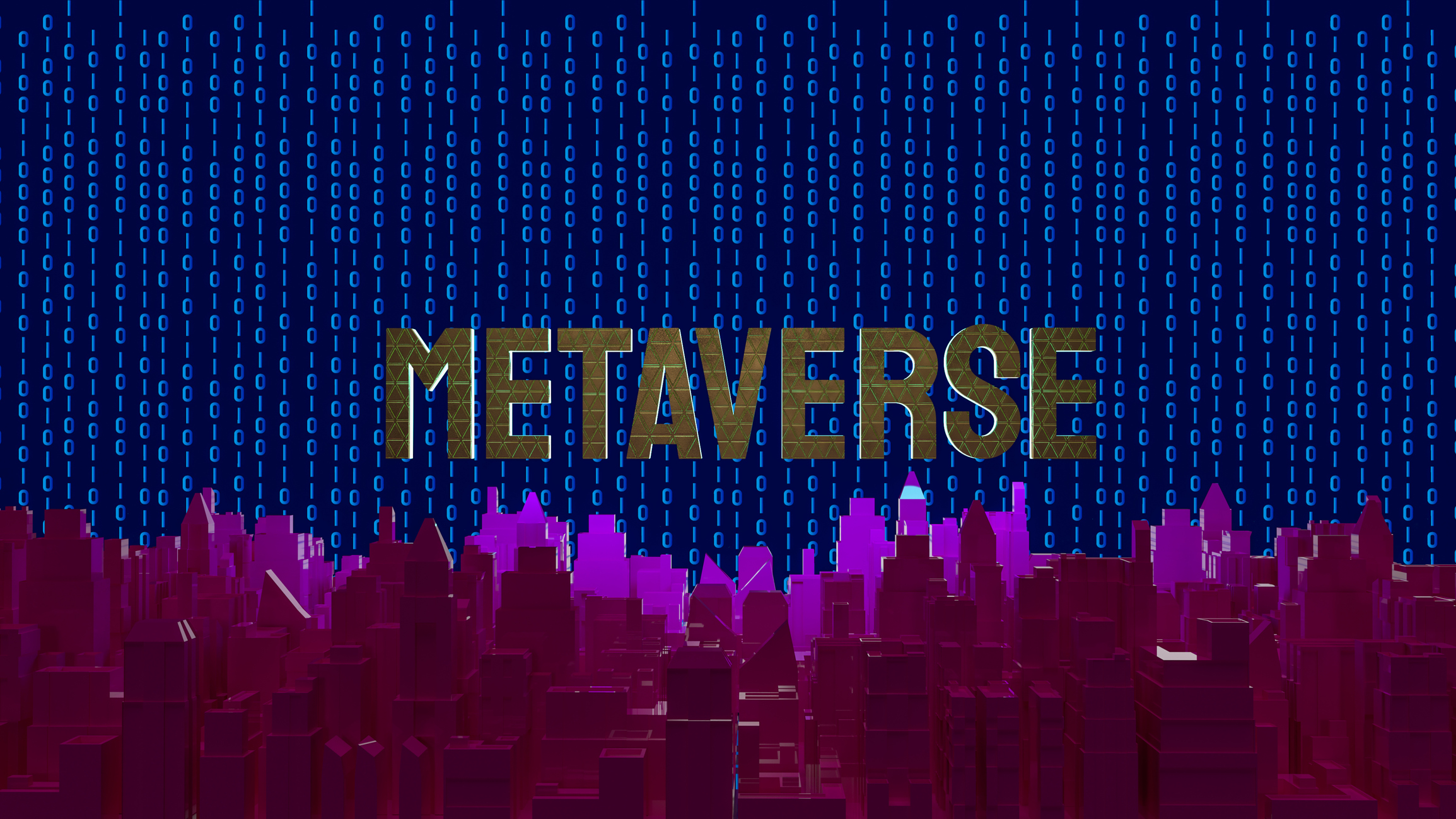 The word "metaverse" over a purple cityscape against a background of 0s and 1s.