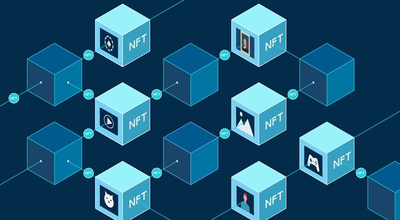 Illustration of NFT transactions in digital space. 