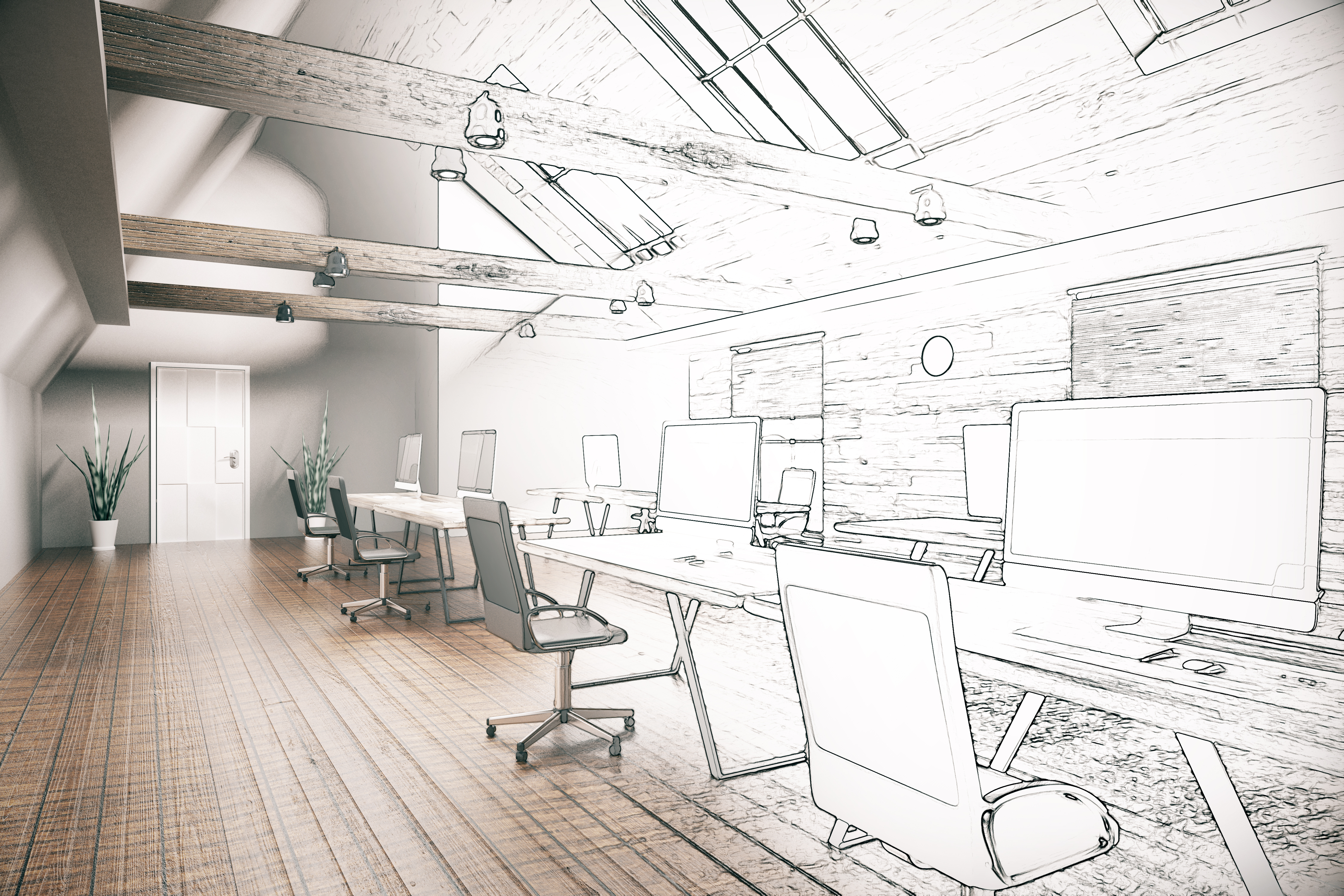 A room inside an office that's partly real, partly digital, and partly sketched.