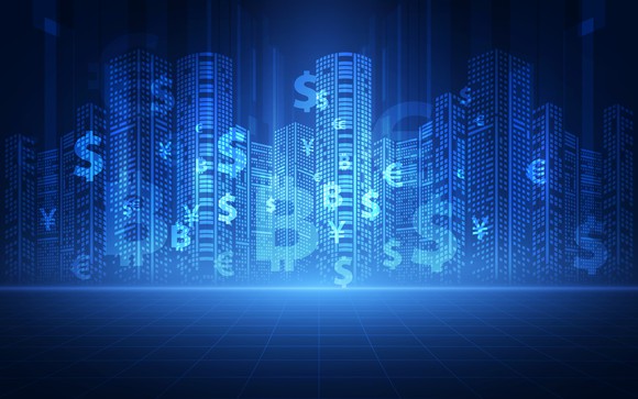 Digital wall of cryptocurrency symbols.