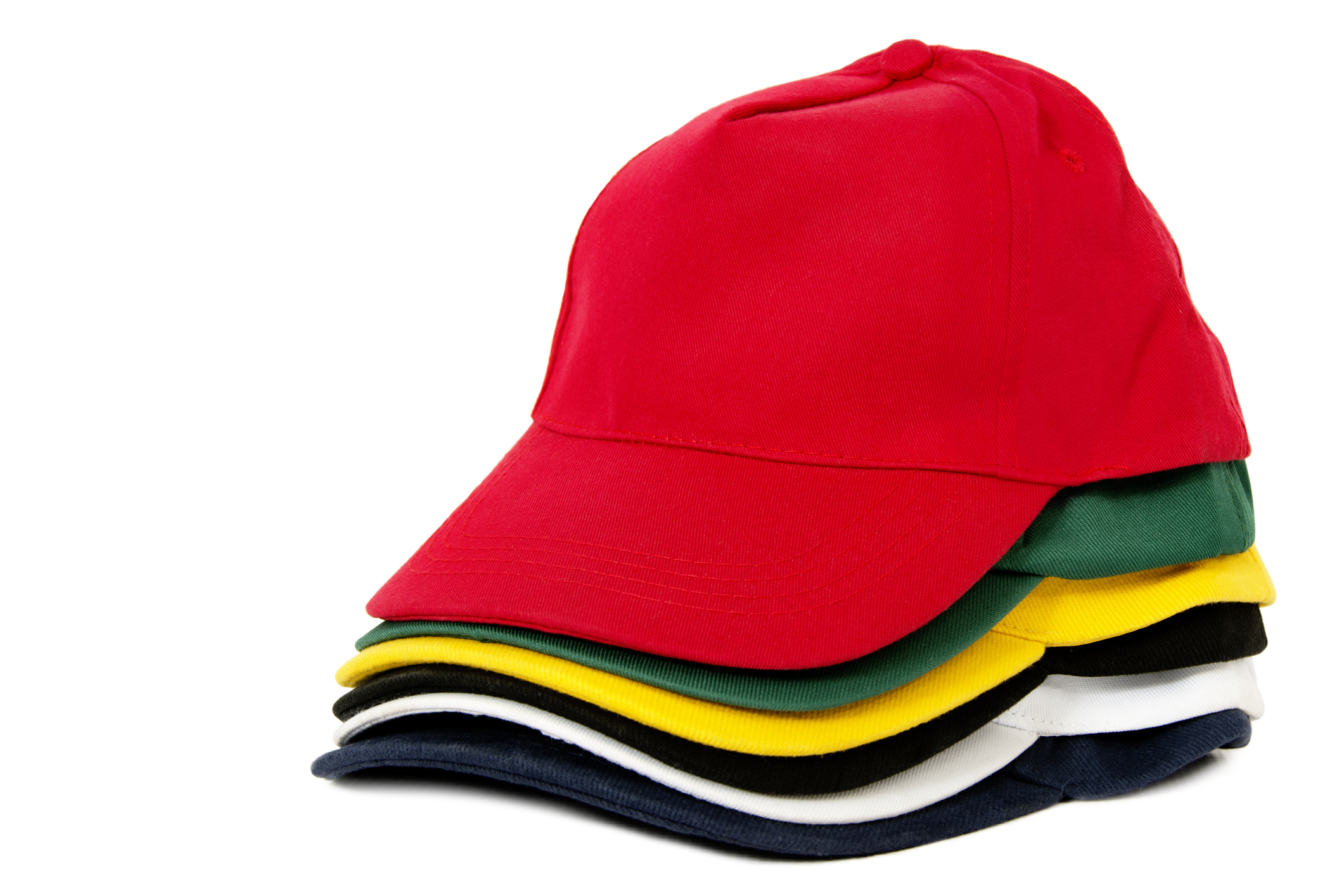 Five baseball caps stacked high