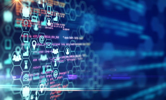 Illustrated icons of devices illustrating web data are displayed in cells shaped like honeycombs.