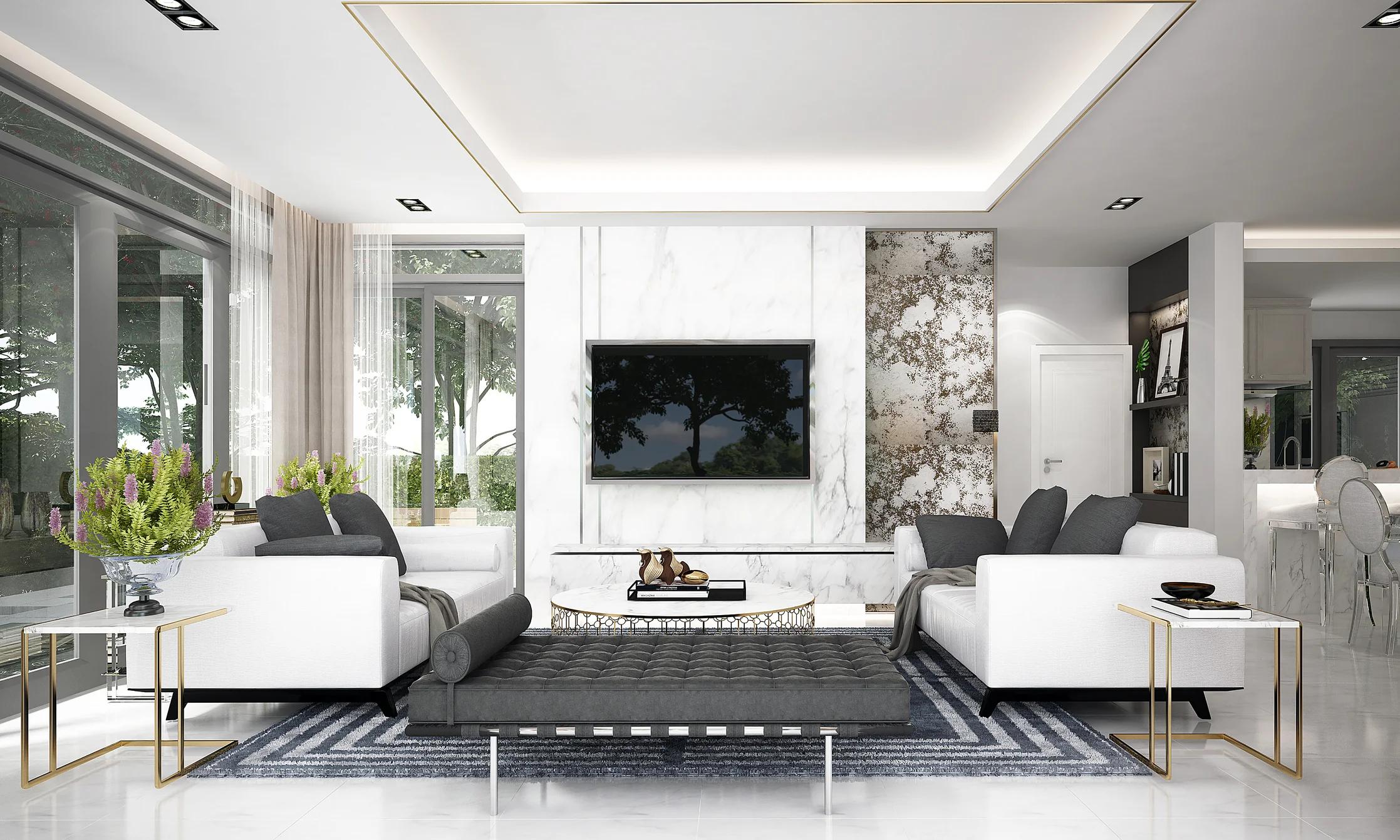 Upscale living room furniture in a room with landscape windows.