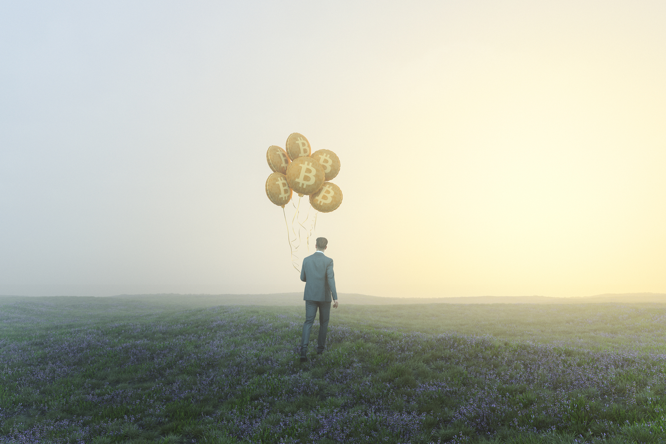 A person wearing a suit holding Bitcoin balloons in a field.