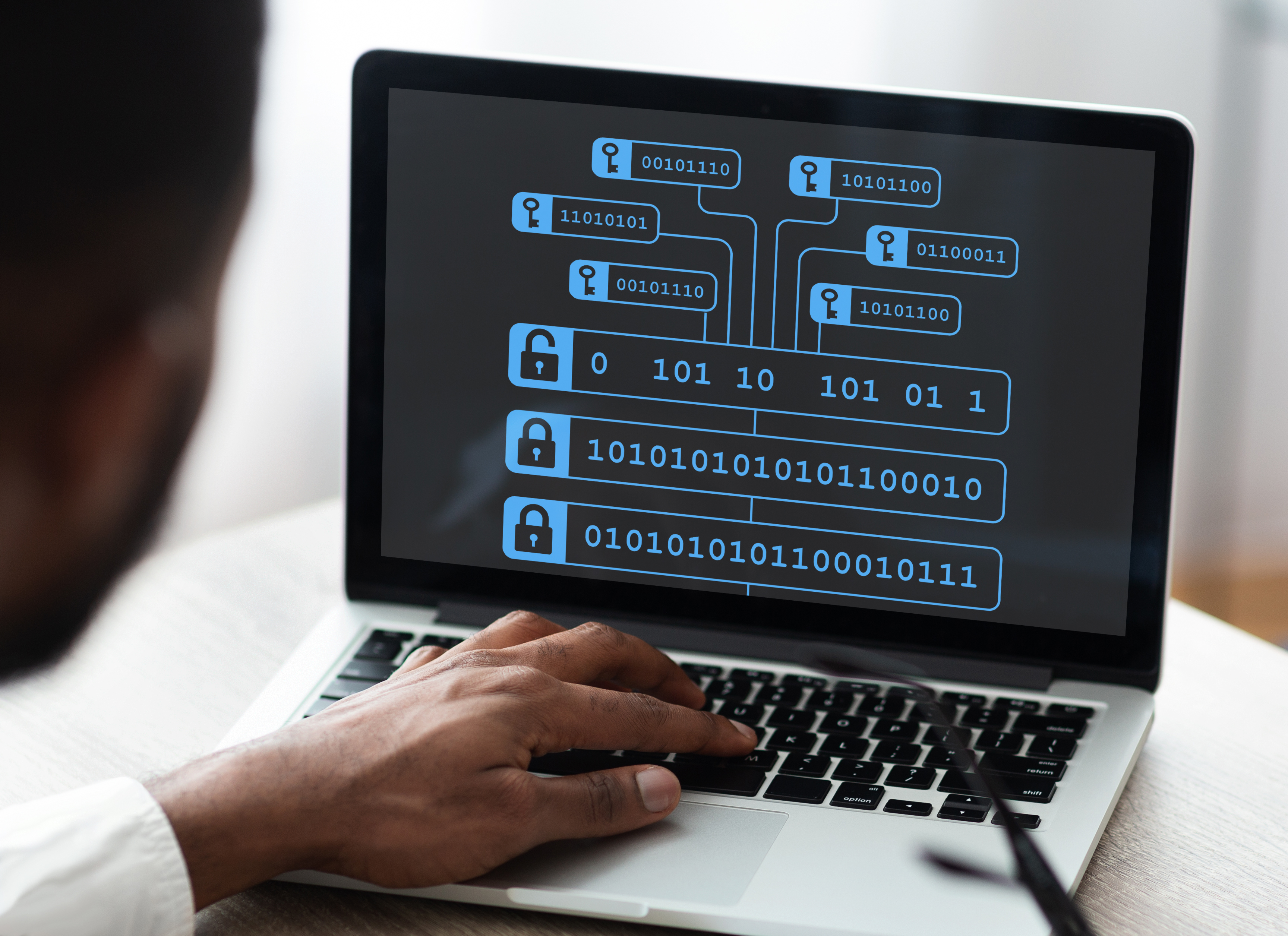 A person typing on a laptop that's displaying encrypted public and private blockchain.