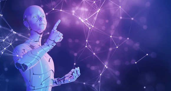 An android explores a digital world.